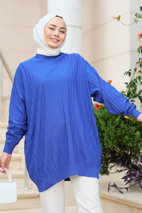 Bisiklet Yaka Tunik Saks Mavi