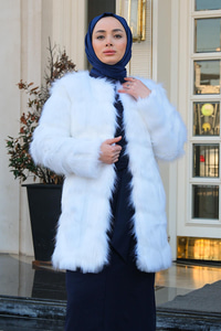 Bisiklet Yaka Tüylü Düğmeli Ceket Beyaz