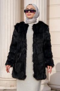 Bisiklet Yaka Tüylü Düğmeli Ceket Siyah