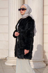 Bisiklet Yaka Tüylü Düğmeli Ceket Siyah