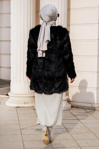 Bisiklet Yaka Tüylü Düğmeli Ceket Siyah