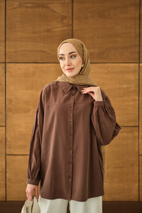 Biyeli Bel Bağlamalı Gömlek Kahverengi