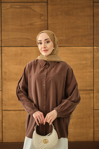 Biyeli Bel Bağlamalı Gömlek Kahverengi