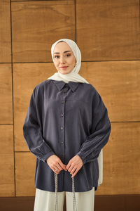 Biyeli Bel Bağlamalı Gömlek Lacivert