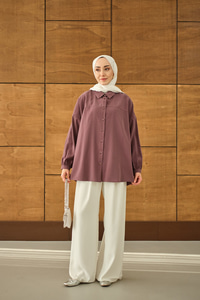 Biyeli Bel Bağlamalı Gömlek Mürdüm