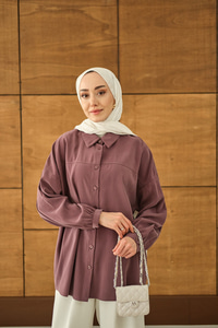 Biyeli Bel Bağlamalı Gömlek Mürdüm