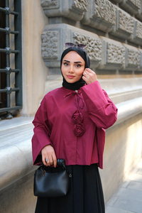 Biyeli Çicek Detaylı Gömlek Bordo