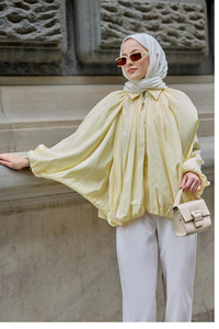 Bluz Yaka Yarasa Büzgülü Hırka Sarı