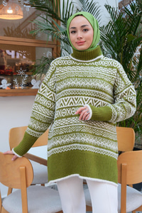 Boğaz Detay Desenli Triko Kazak  Fıstık Yeşil