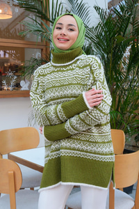 Boğaz Detay Desenli Triko Kazak  Fıstık Yeşil