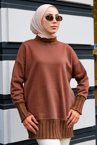 Boğazı Örgü Detaylı Sweat Kahverengi