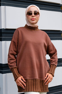 Boğazı Örgü Detaylı Sweat Kahverengi