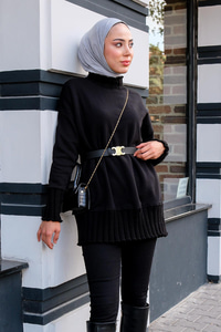 Boğazı Örgü Detaylı Sweat Siyah