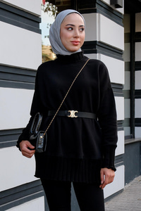 Boğazı Örgü Detaylı Sweat Siyah