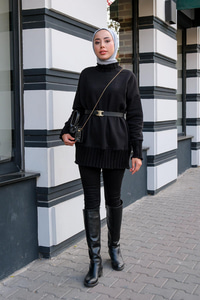 Boğazı Örgü Detaylı Sweat Siyah