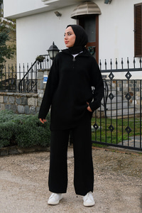 Boğazlı Fitilli İkili Triko Takım Siyah