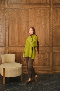 Boğazlı Peluş Triko Hırka Yağ Yeşil