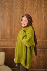 Boğazlı Peluş Triko Hırka Yağ Yeşil