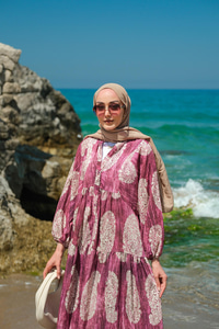 Bohem Desenli Elbise Mor