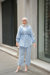 Boncuk Detay Kimono Takım Bebe Mavi