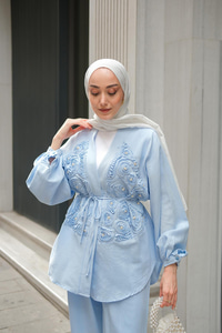 Boncuk Detay Kimono Takım Bebe Mavi