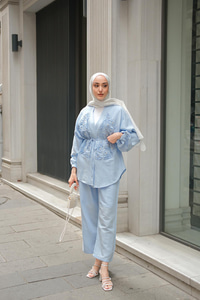 Boncuk Detay Kimono Takım Bebe Mavi