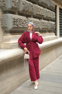 Boncuk Detay Kimono Takım Bordo