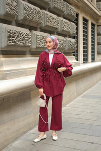 Boncuk Detay Kimono Takım Bordo