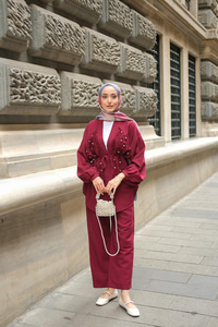 Boncuk Detay Kimono Takım Bordo