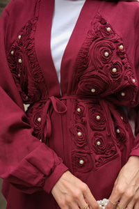 Boncuk Detay Kimono Takım Bordo