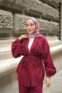 Boncuk Detay Kimono Takım Bordo