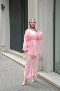 Boncuk Detay Kimono Takım Pembe