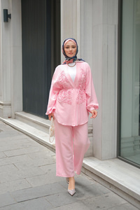Boncuk Detay Kimono Takım Pembe
