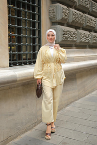 Boncuk Detay Kimono Takım Sarı