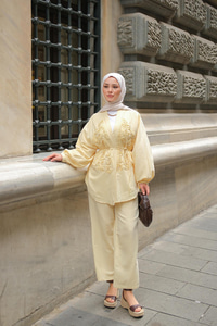 Boncuk Detay Kimono Takım Sarı
