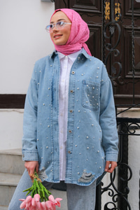 Boncuk Detay Kot Ceket  Buz Mavi