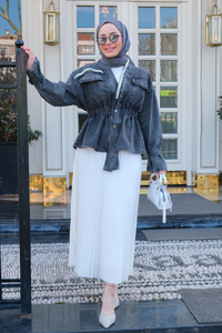 Boncuk Detay Kot Ceket Füme