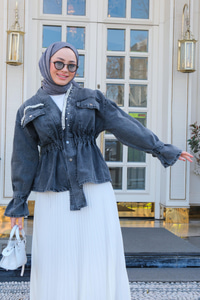 Boncuk Detay Kot Ceket Füme