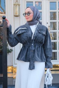 Boncuk Detay Kot Ceket Füme