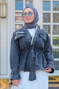 Boncuk Detay Kot Ceket Füme