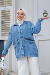 Boncuk Detay Kot Ceket Mavi