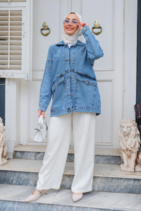 Boncuk Detay Kot Ceket Mavi