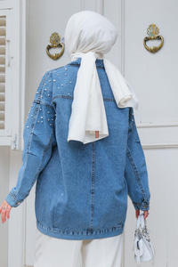 Boncuk Detay Kot Ceket Mavi