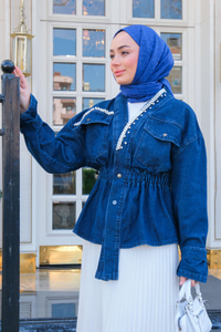 Boncuk Detay Kot Ceket Mavi