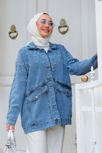 Boncuk Detay Kot Ceket Mavi