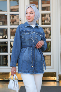 Boncuk Detay Kot Gömlek Mavi