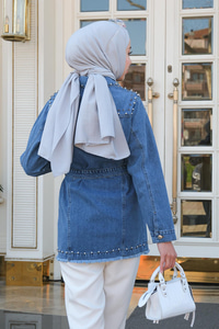 Boncuk Detay Kot Gömlek Mavi