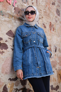 Boncuk Detay Kot Gömlek Mavi