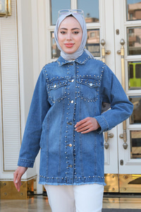 Boncuk Detay Kot Gömlek Mavi