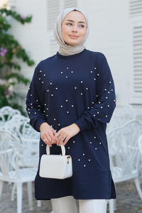 Boncuk Detay Tunik  Lacivert